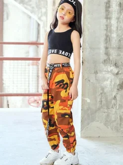 Enfants Jazz Costume De Danse Filles Imprimé Long Pantalon Et Crop Top Gilet 2 Pièces Ensemble Déguisements Halloween