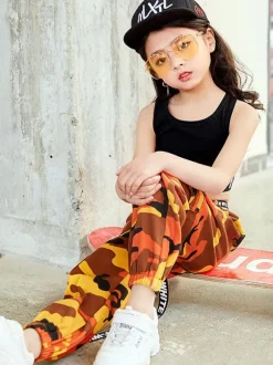 Enfants Jazz Costume De Danse Filles Imprimé Long Pantalon Et Crop Top Gilet 2 Pièces Ensemble Déguisements Halloween