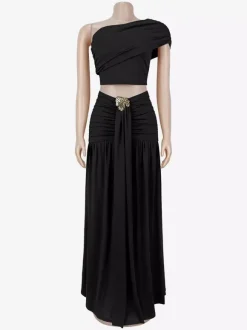 Ensemble 2 pièces : haut court asymétrique à boucle métallique et jupe longue froncée