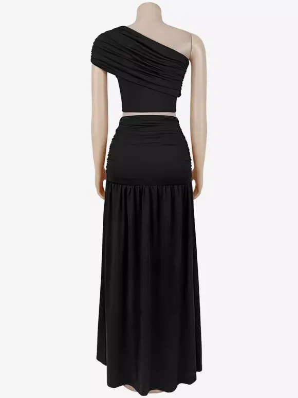 Ensemble 2 pièces : haut court asymétrique à boucle métallique et jupe longue froncée