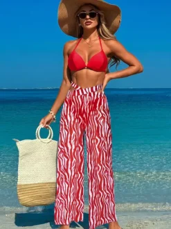 Ensemble 3 pièces bikini imprimé simple et pantalon de plage transparent pour l'été 2026