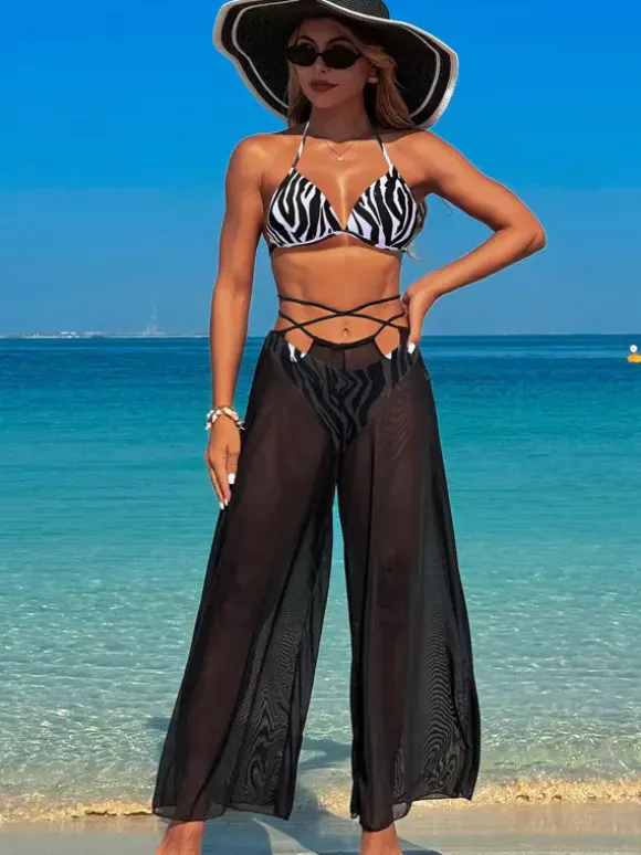 Ensemble 3 pièces bikini imprimé simple et pantalon de plage transparent pour l'été 2026
