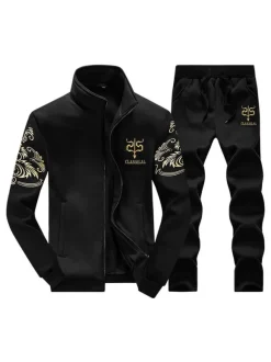 Ensemble 2 pièces de vêtements de sport pour hommes Illustration à manches longues et col montant Tenue de sport bleu marine foncé