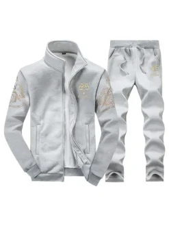 Ensemble 2 pièces de vêtements de sport pour hommes Illustration à manches longues et col montant Tenue de sport bleu marine foncé