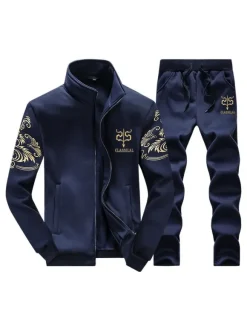 Ensemble 2 pièces de vêtements de sport pour hommes Illustration à manches longues et col montant Tenue de sport bleu marine foncé