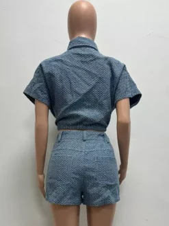 Ensemble 2 pièces en denim gaufré pour femme - Haut court bleu à manches courtes et short à nouer sur le devant - Tenues décontractées d'été 2026