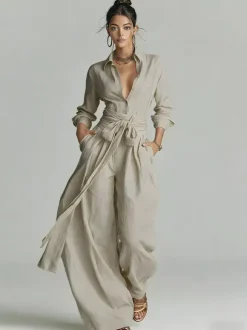 Ensemble 2 pièces en lin et coton pour femme - Chemise élégante à manches longues et ceinture et pantalon large - Style été 2026