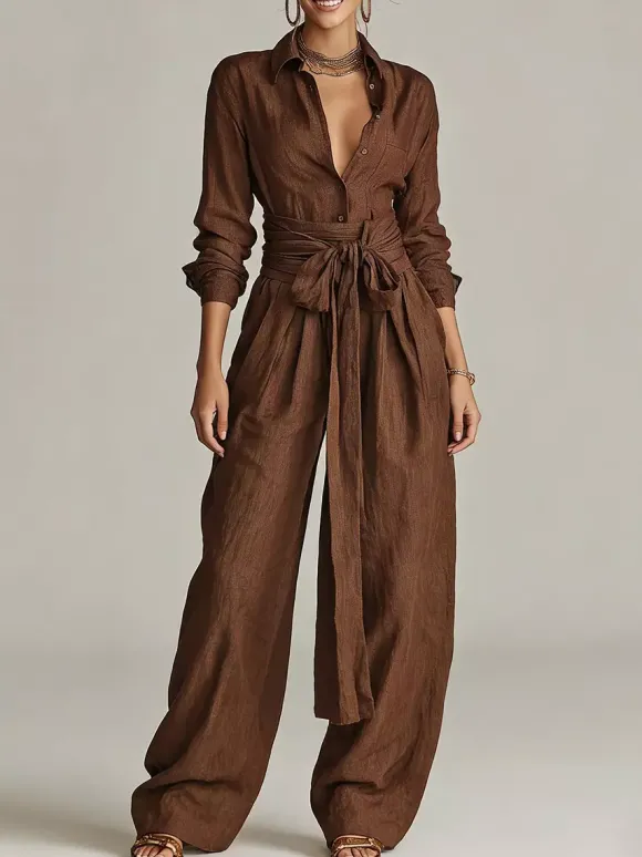 Ensemble 2 pièces en lin et coton pour femme - Chemise élégante à manches longues et ceinture et pantalon large - Style été 2026