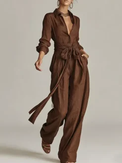 Ensemble 2 pièces en lin et coton pour femme - Chemise élégante à manches longues et ceinture et pantalon large - Style été 2026