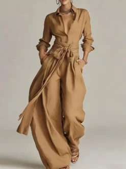 Ensemble 2 pièces en lin et coton pour femme - Chemise élégante à manches longues et ceinture et pantalon large - Style été 2026
