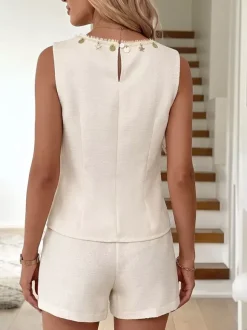 Ensemble 2 pièces en lin pour femme : débardeur sans manches à bordure d'étoiles perlées et short à taille élastique