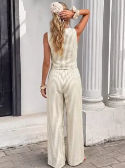 Ensemble 2 pièces en lin pour femme : gilet rayé sans manches à col en V et n艙ud sur le devant pantalon large