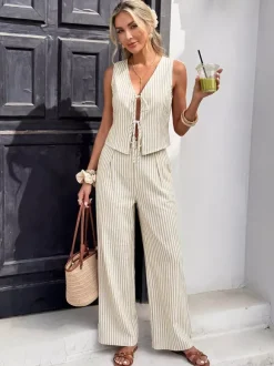 Ensemble 2 pièces en lin pour femme : gilet rayé sans manches à col en V et n艙ud sur le devant pantalon large