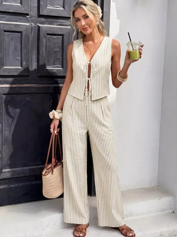 Ensemble 2 pièces en lin pour femme : gilet rayé sans manches à col en V et n艙ud sur le devant pantalon large
