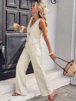 Ensemble 2 pièces en lin pour femme : gilet rayé sans manches à col en V et n艙ud sur le devant pantalon large