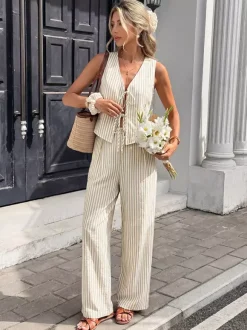 Ensemble 2 pièces en lin pour femme : gilet rayé sans manches à col en V et n艙ud sur le devant pantalon large