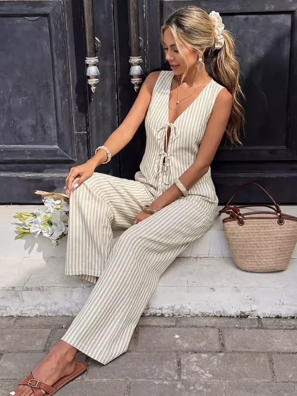 Ensemble 2 pièces en lin pour femme : gilet rayé sans manches à col en V et n艙ud sur le devant pantalon large