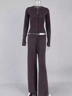 Ensemble 2 pièces en maille côtelée pour femme - Gilet boutonné coupe ajustée et pantalon de détente à jambes larges - Collection printemps 2026