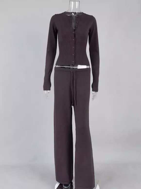 Ensemble 2 pièces en maille côtelée pour femme - Gilet boutonné coupe ajustée et pantalon de détente à jambes larges - Collection printemps 2026