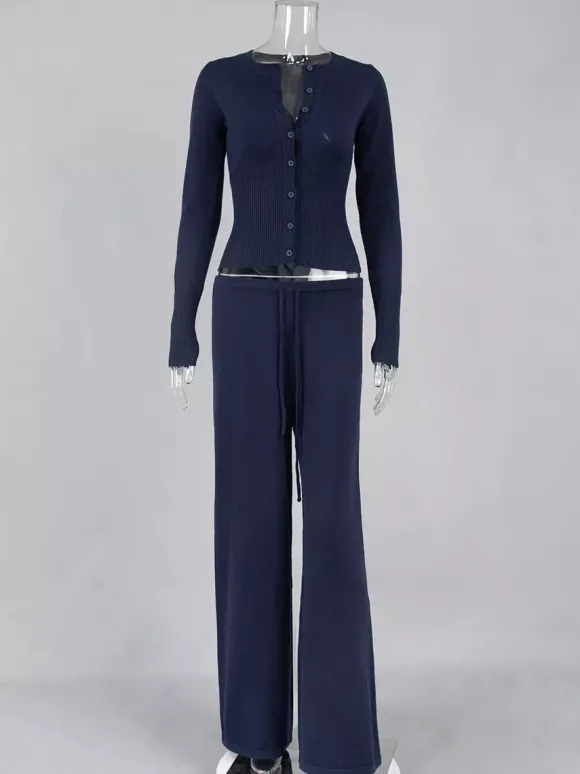 Ensemble 2 pièces en maille côtelée pour femme - Gilet boutonné coupe ajustée et pantalon de détente à jambes larges - Collection printemps 2026