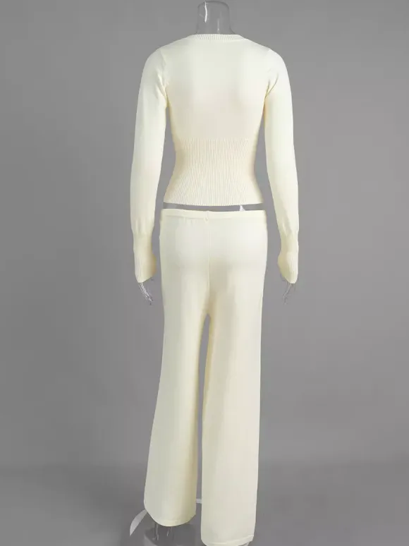 Ensemble 2 pièces en maille côtelée pour femme - Gilet boutonné coupe ajustée et pantalon de détente à jambes larges - Collection printemps 2026
