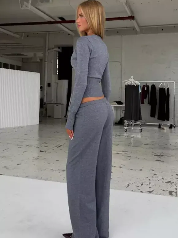 Ensemble 2 pièces en maille côtelée pour femme - Gilet boutonné coupe ajustée et pantalon de détente à jambes larges - Collection printemps 2026