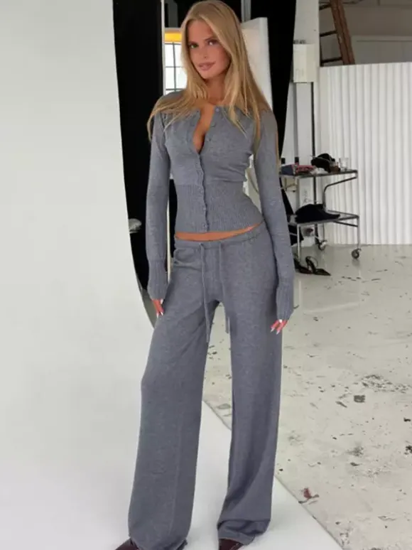 Ensemble 2 pièces en maille côtelée pour femme - Gilet boutonné coupe ajustée et pantalon de détente à jambes larges - Collection printemps 2026