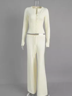 Ensemble 2 pièces en maille côtelée pour femme - Gilet boutonné coupe ajustée et pantalon de détente à jambes larges - Collection printemps 2026
