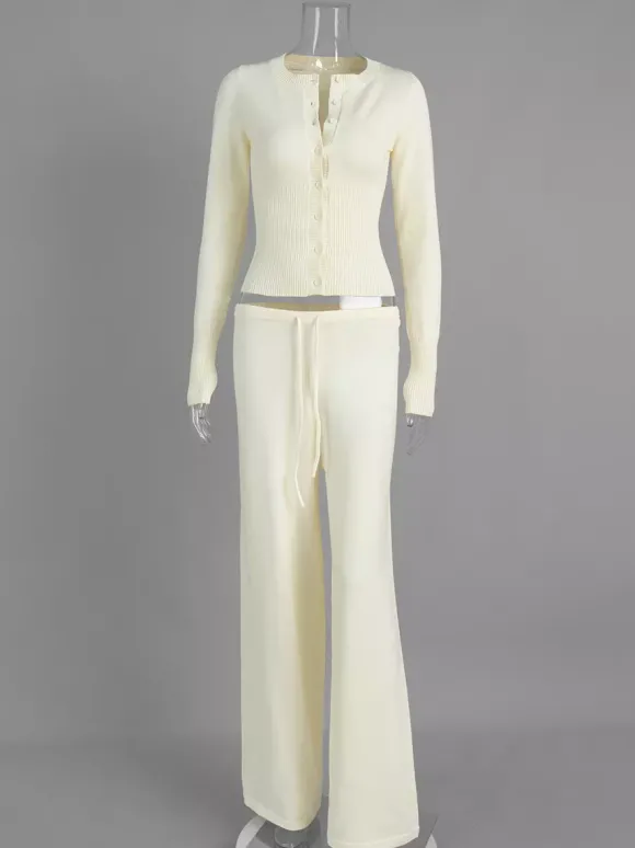 Ensemble 2 pièces en maille côtelée pour femme - Gilet boutonné coupe ajustée et pantalon de détente à jambes larges - Collection printemps 2026