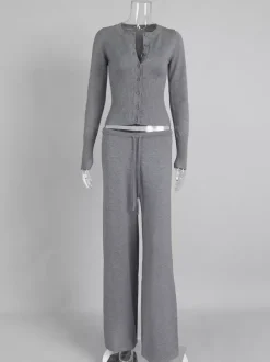 Ensemble 2 pièces en maille côtelée pour femme - Gilet boutonné coupe ajustée et pantalon de détente à jambes larges - Collection printemps 2026