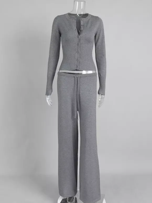Ensemble 2 pièces en maille côtelée pour femme - Gilet boutonné coupe ajustée et pantalon de détente à jambes larges - Collection printemps 2026