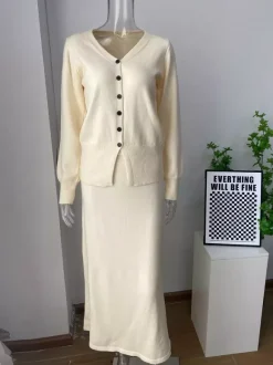 Ensemble 2 pièces en tricot avec cardigan à col en V et jupe longue pour femme (2026)