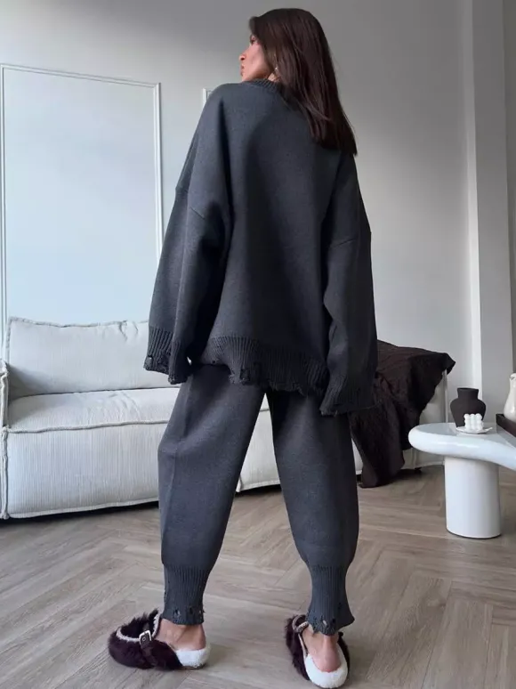 Ensemble 2 pièces oversize en maille pour femme - Pull et pantalon décontractés effet usé - Tenue d'intérieur confortable pour le printemps 2026