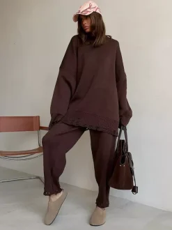 Ensemble 2 pièces oversize en maille pour femme - Pull et pantalon décontractés effet usé - Tenue d'intérieur confortable pour le printemps 2026