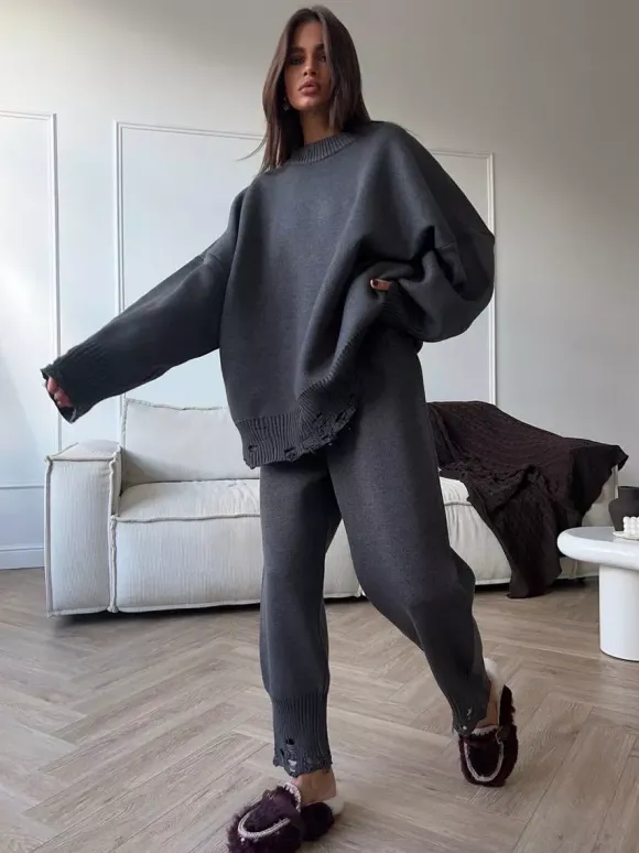 Ensemble 2 pièces oversize en maille pour femme - Pull et pantalon décontractés effet usé - Tenue d'intérieur confortable pour le printemps 2026