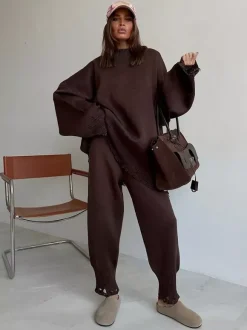 Ensemble 2 pièces oversize en maille pour femme - Pull et pantalon décontractés effet usé - Tenue d'intérieur confortable pour le printemps 2026