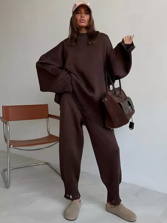Ensemble 2 pièces oversize en maille pour femme - Pull et pantalon décontractés effet usé - Tenue d'intérieur confortable pour le printemps 2026
