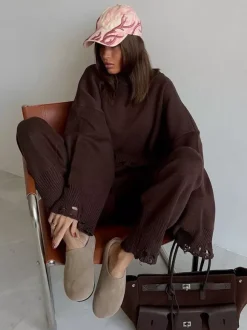 Ensemble 2 pièces oversize en maille pour femme - Pull et pantalon décontractés effet usé - Tenue d'intérieur confortable pour le printemps 2026