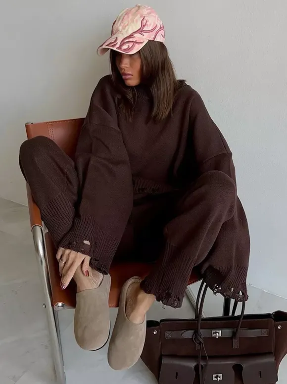 Ensemble 2 pièces oversize en maille pour femme - Pull et pantalon décontractés effet usé - Tenue d'intérieur confortable pour le printemps 2026