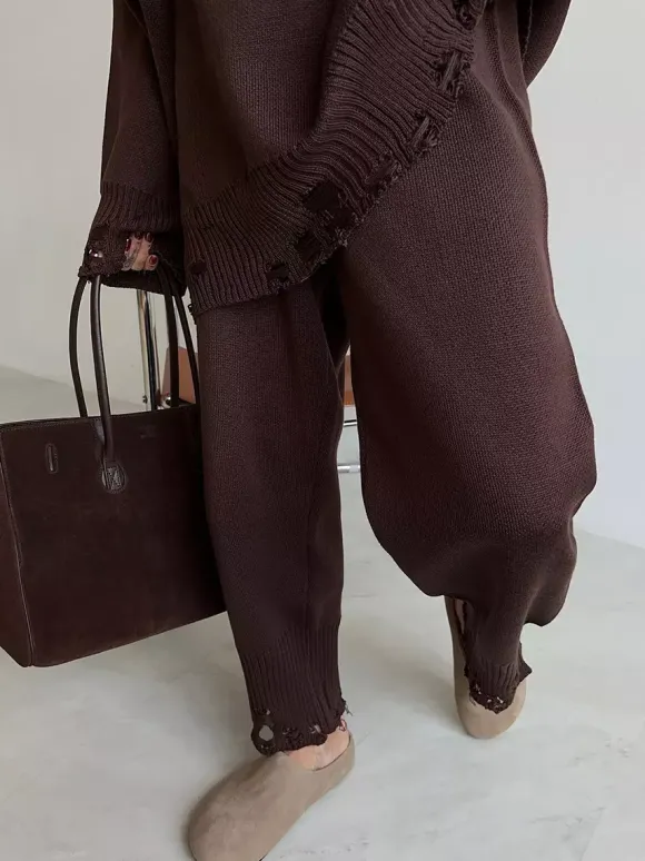 Ensemble 2 pièces oversize en maille pour femme - Pull et pantalon décontractés effet usé - Tenue d'intérieur confortable pour le printemps 2026