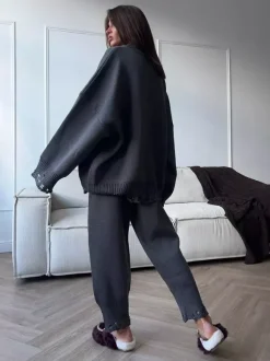 Ensemble 2 pièces oversize en maille pour femme - Pull et pantalon décontractés effet usé - Tenue d'intérieur confortable pour le printemps 2026
