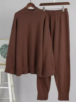 Ensemble 2 pièces oversize en maille pour femme - Pull et pantalon décontractés effet usé - Tenue d'intérieur confortable pour le printemps 2026