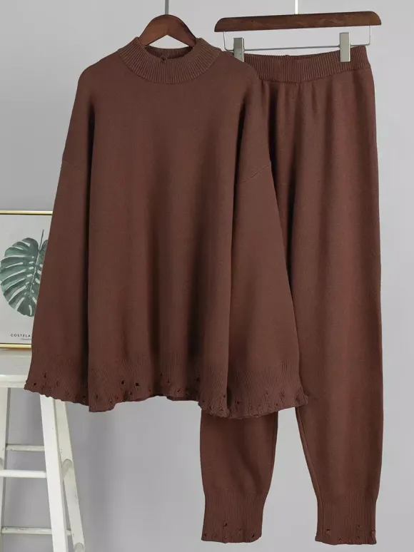 Ensemble 2 pièces oversize en maille pour femme - Pull et pantalon décontractés effet usé - Tenue d'intérieur confortable pour le printemps 2026