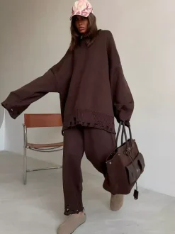 Ensemble 2 pièces oversize en maille pour femme - Pull et pantalon décontractés effet usé - Tenue d'intérieur confortable pour le printemps 2026