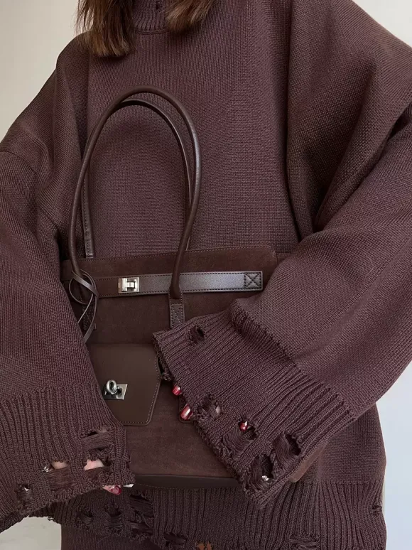 Ensemble 2 pièces oversize en maille pour femme - Pull et pantalon décontractés effet usé - Tenue d'intérieur confortable pour le printemps 2026