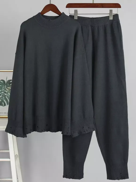 Ensemble 2 pièces oversize en maille pour femme - Pull et pantalon décontractés effet usé - Tenue d'intérieur confortable pour le printemps 2026