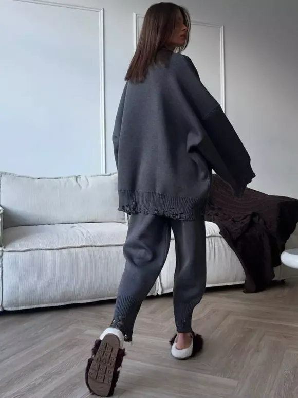 Ensemble 2 pièces oversize en maille pour femme - Pull et pantalon décontractés effet usé - Tenue d'intérieur confortable pour le printemps 2026