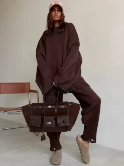 Ensemble 2 pièces oversize en maille pour femme - Pull et pantalon décontractés effet usé - Tenue d'intérieur confortable pour le printemps 2026