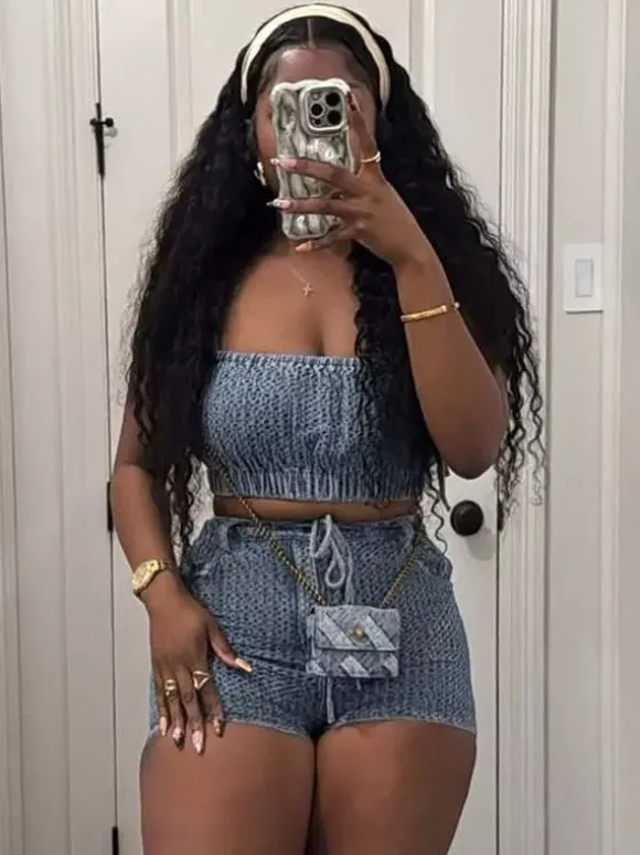 Ensemble 2 pièces pantalon bleu sexy streetwear en denim à bretelles et sans manches