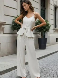 Ensemble 2 pièces pour femme : débardeur à bretelles spaghetti col en V et basque pantalon plissé taille haute à jambes larges